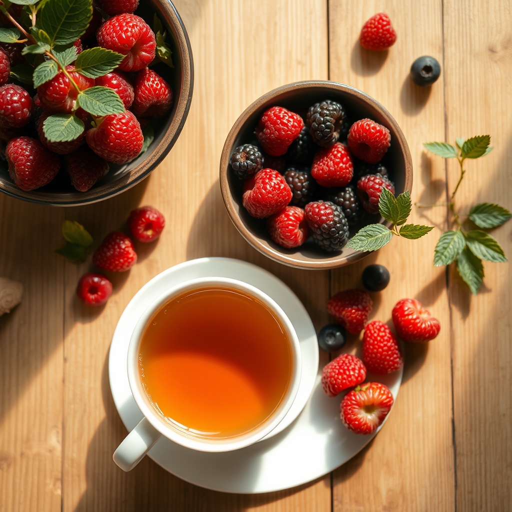 Close‑up of a soft, warm cup of herbal tea beside a bowl of fresh berries on a wooden table, gentle morning light, cozy kitchen setting