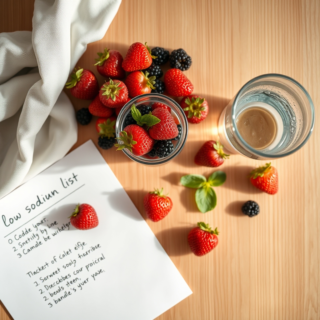 A bright kitchen counter displaying a bowl of fresh berries, a glass of water, and a handwritten list of low‑sodium foods, natural light streaming in