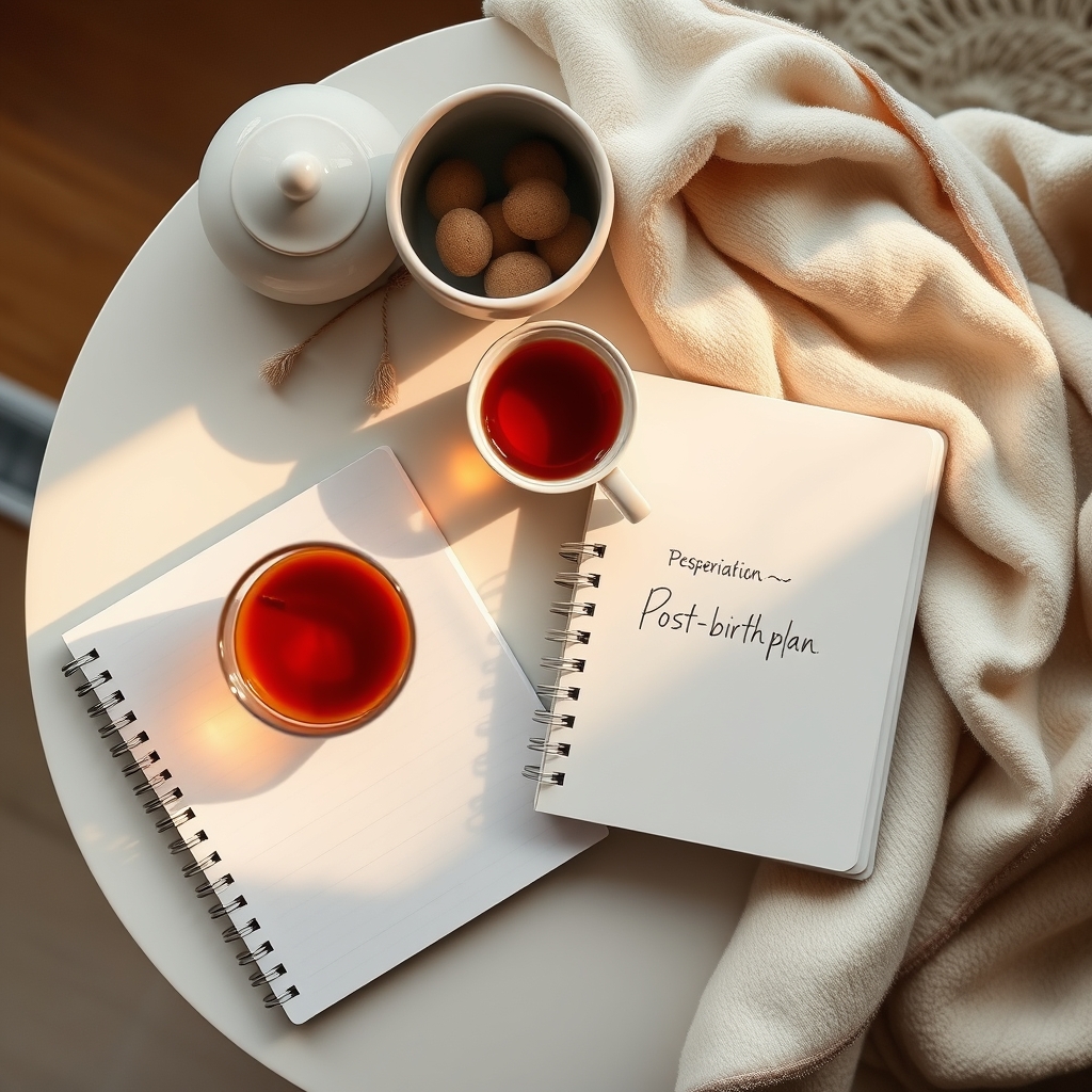 A cozy kitchen table with a cup of tea, a notebook titled ‘Post‑birth plan’, and a soft blanket, natural morning light