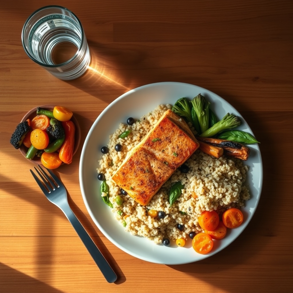 A vibrant plate with grilled salmon, quinoa, roasted vegetables, and a glass of water, photographed on a wooden table with natural light