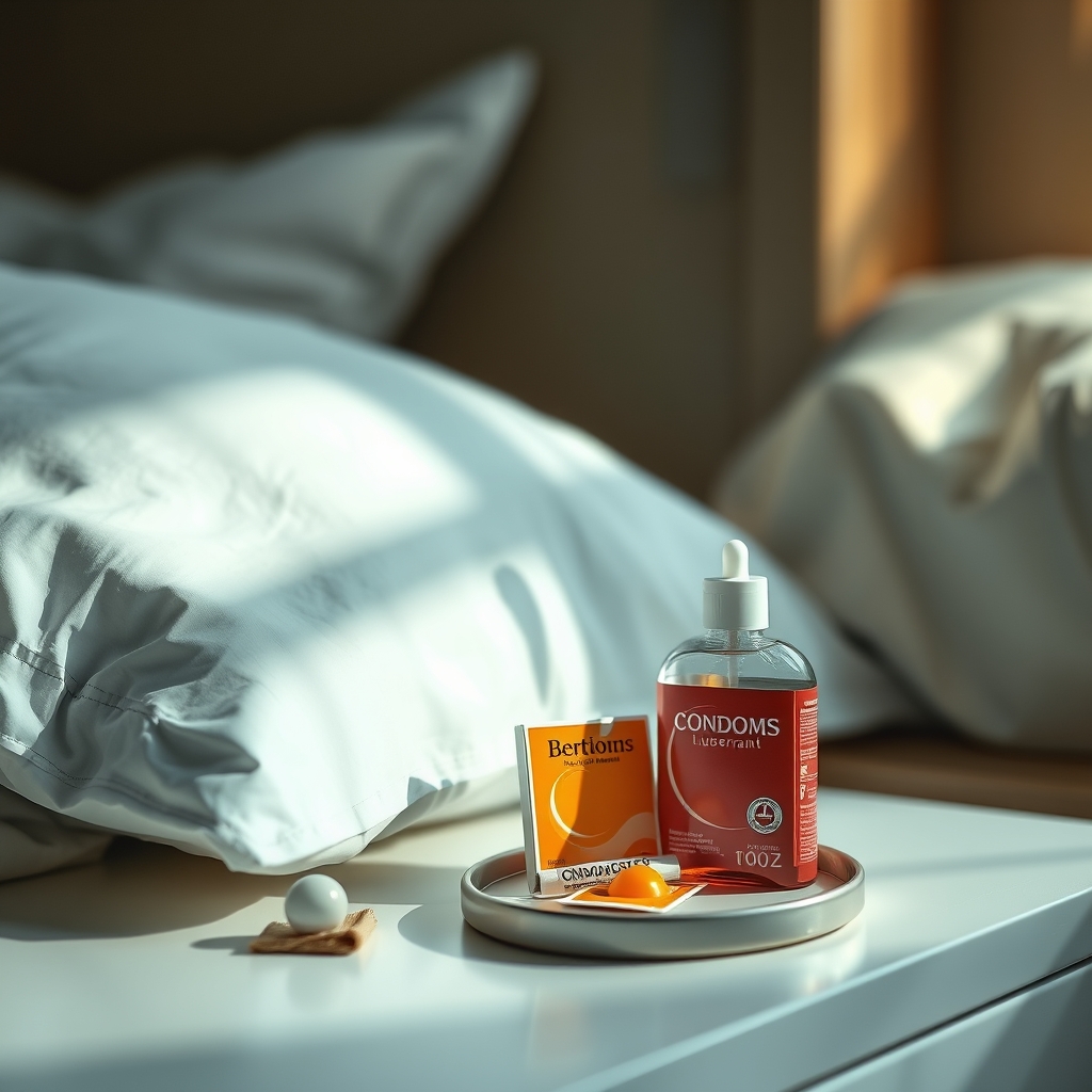 a neatly arranged set of condoms, a bottle of water‑based lubricant, and a soft pillow on a nightstand, suggesting a gentle, prepared approach to postpartum intimacy, soft lighting, modern bedroom decor