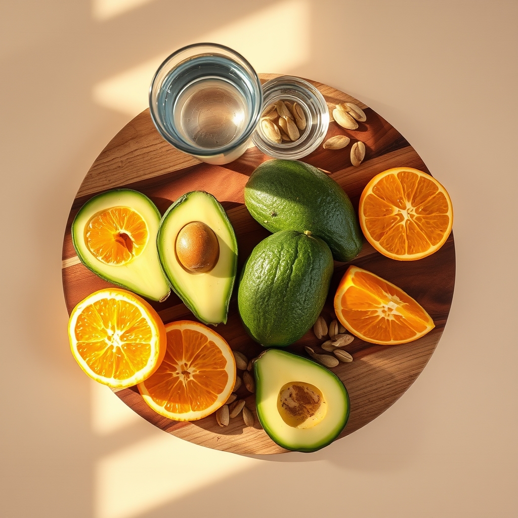 A rustic wooden board holds a colorful salad with avocado slices, orange wedges, pumpkin seeds, and a glass of water, showcasing nutrient‑dense foods that support fluid balance after birth