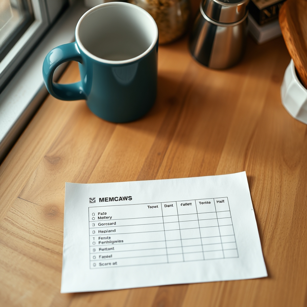 Close‑up of a printable MEOWS scorecard with columns for temperature, pulse, blood pressure, respiration, and total score, bright kitchen counter, natural daylight