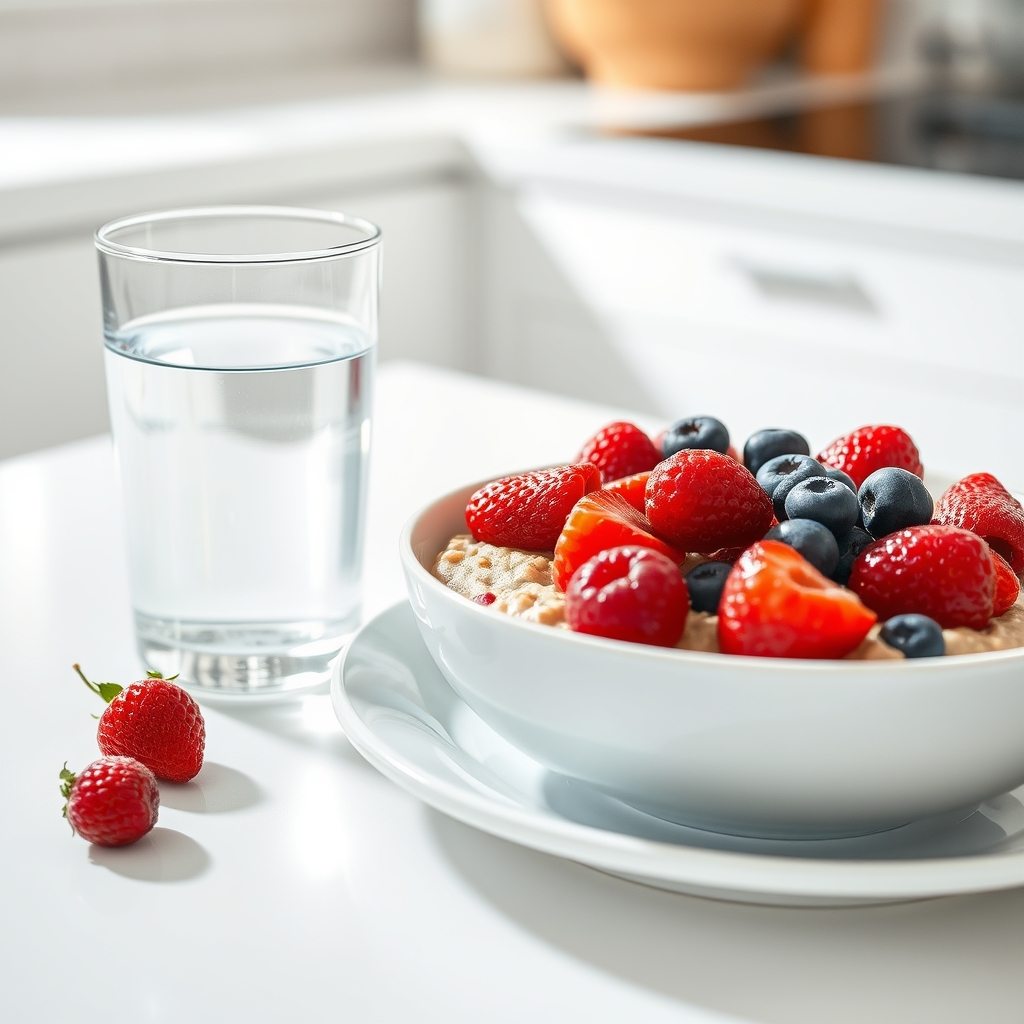 Close‑up of a glass of water beside a bowl of oatmeal topped with fresh berries, bright kitchen light, clean white plate