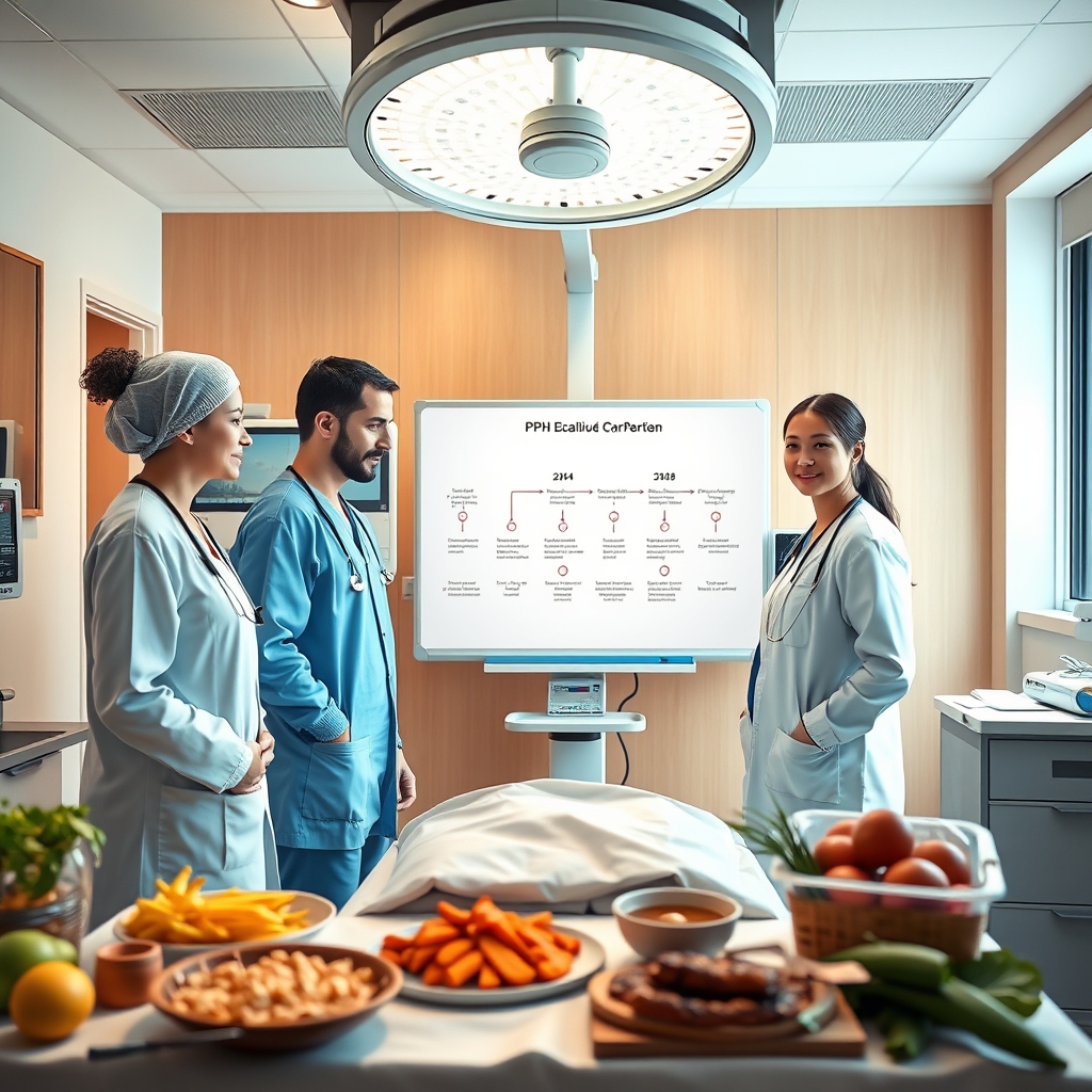 Multidisciplinary obstetric team gathered around a monitor, reviewing a blood loss chart, with a whiteboard displaying a stepwise PPH escalation flowchart