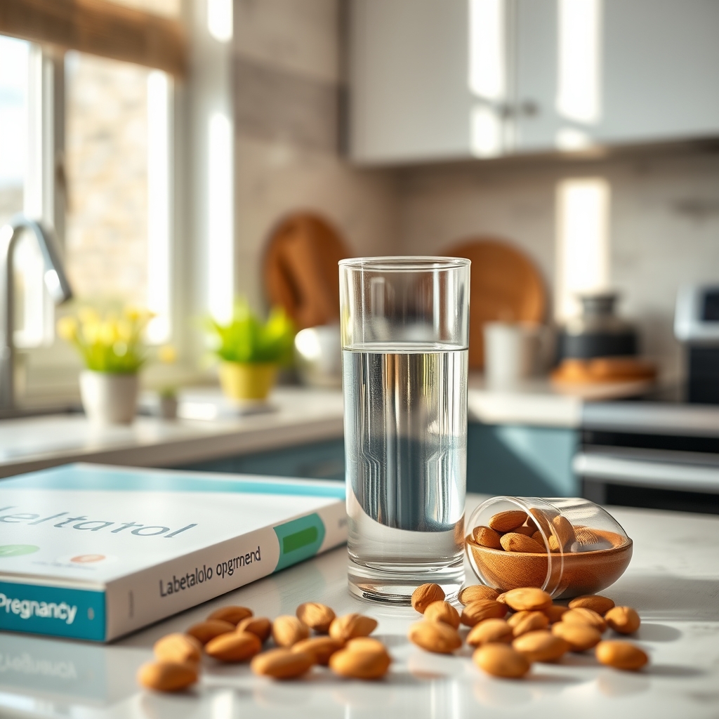Warm, sunlit kitchen counter with a glass of water, a small plate of magnesium‑rich almonds, and a bottle of labetalol tablets beside a pregnancy book