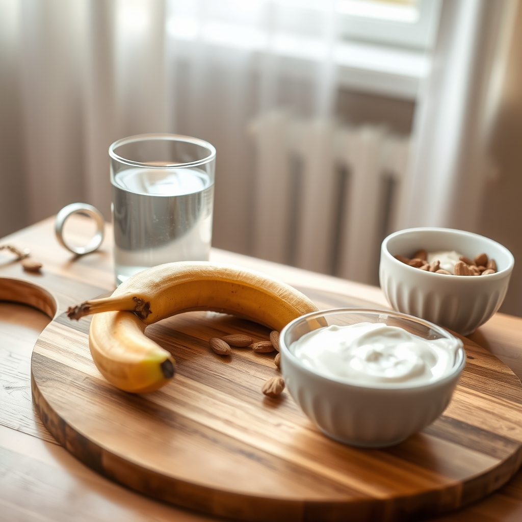 A wooden board with a glass of water, a banana, a handful of almonds, and a small bowl of probiotic yogurt, bright morning light, clean kitchen setting