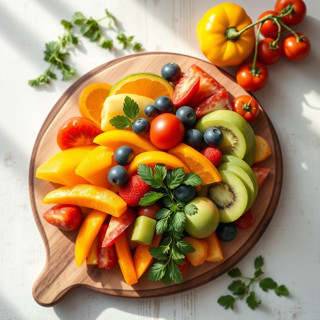 A vibrant fruit and vegetable platter on a rustic wooden board, bright natural light, colorful produce, fresh herbs, photorealistic, high detail