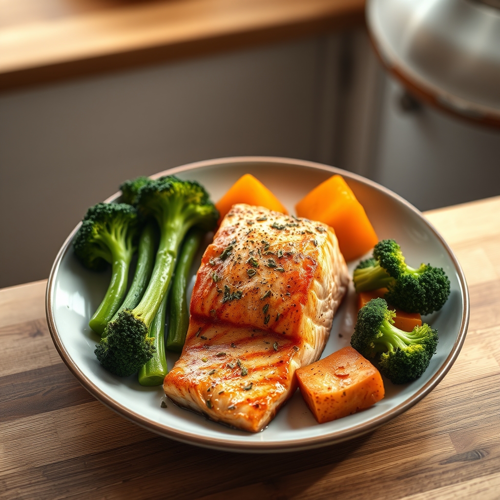Colorful plate of grilled salmon, roasted sweet potatoes, and steamed broccoli, arranged on a wooden board beside a glass of water
