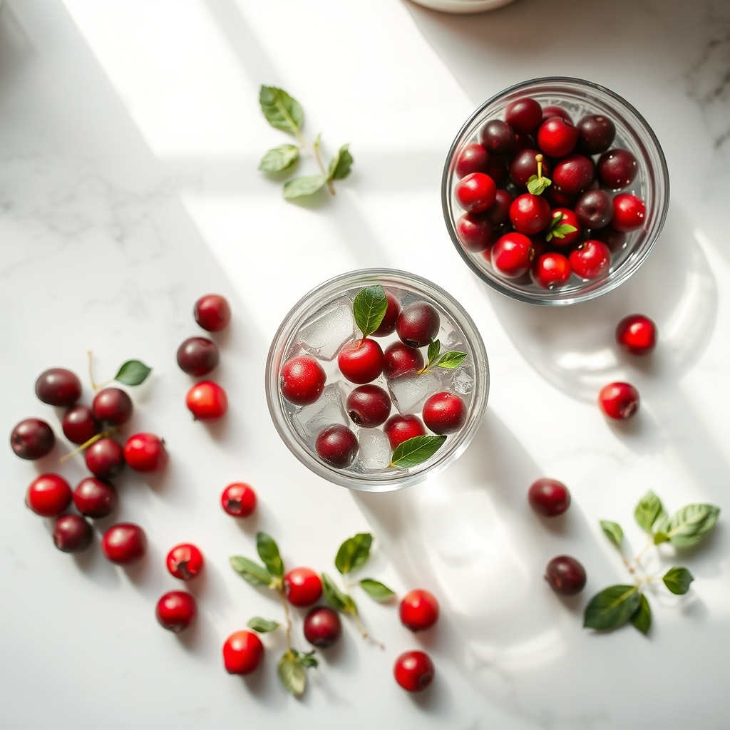 Close‑up of a glass of water beside a small bowl of cranberries, bright kitchen light, emphasizing natural remedies for urinary health