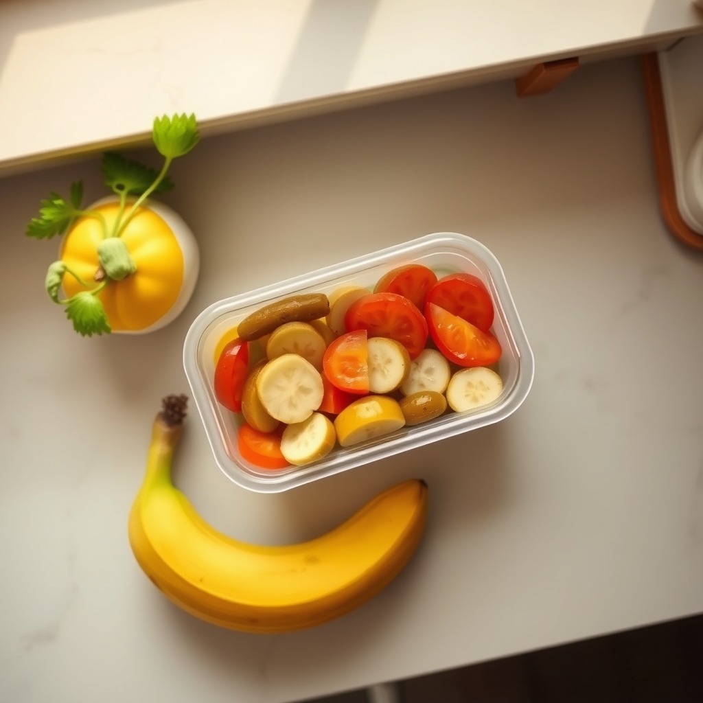 A budget‑friendly snack setup with a reusable container of mixed nuts, a banana, and a small jar of homemade pickles on a kitchen counter, soft morning light