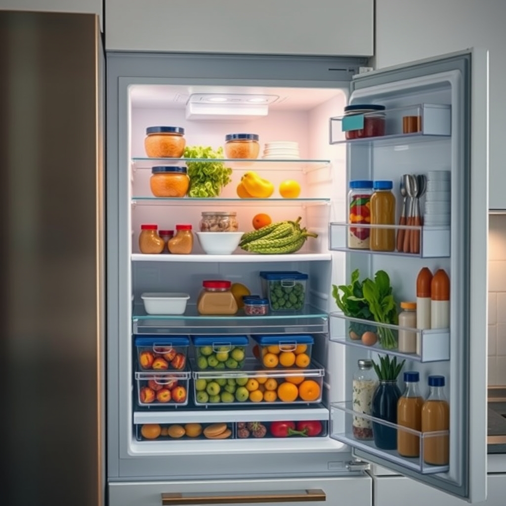 A well-organized refrigerator filled with fresh, healthy groceries, emphasizing safe food storage