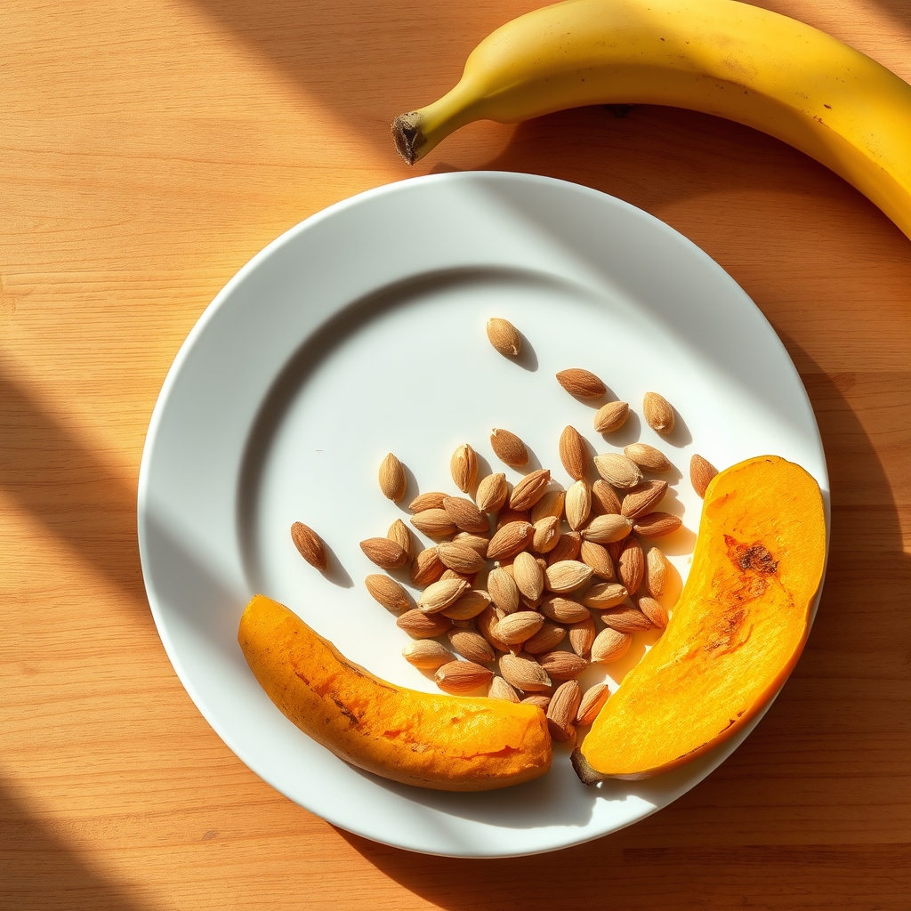 A small plate of pumpkin seeds, almonds, and a banana on a wooden board, bright natural light