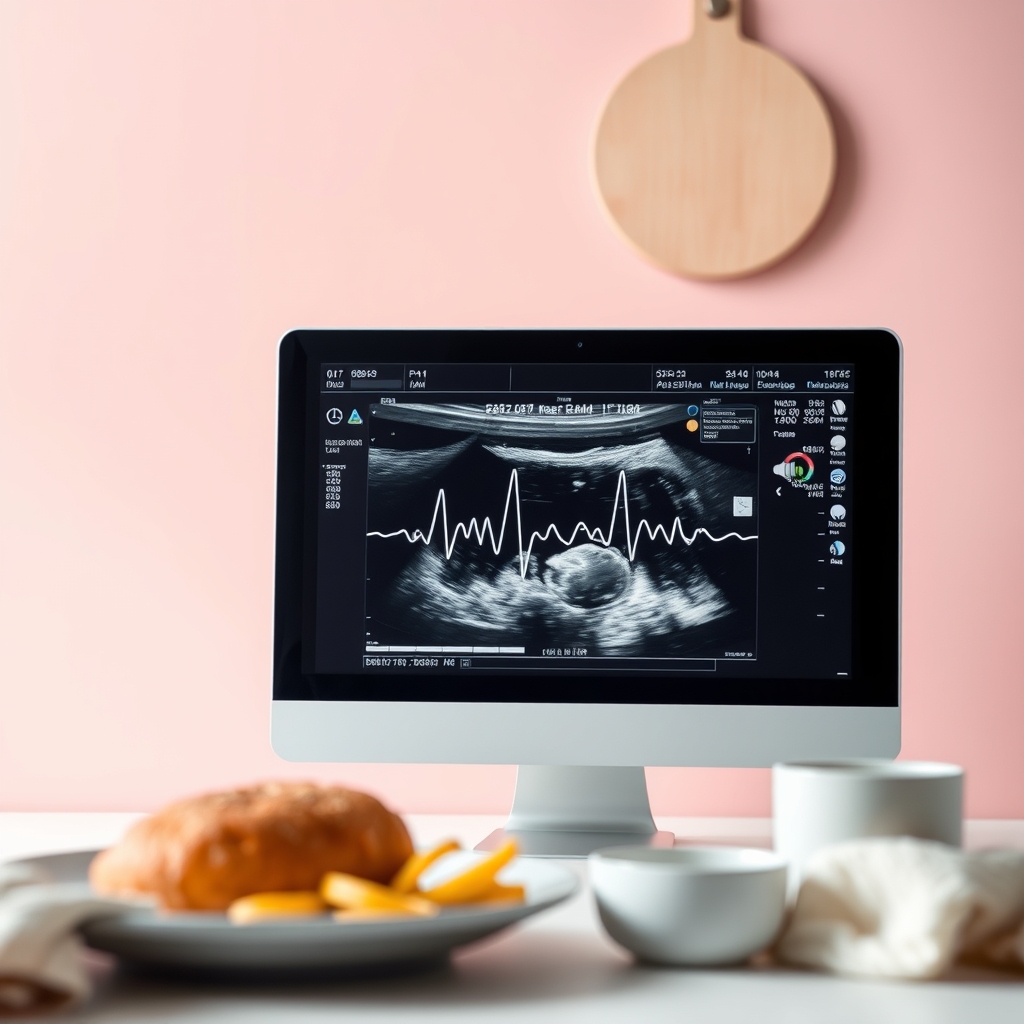 Close‑up of a fetal heartbeat monitor on an ultrasound screen, soft pastel background, gentle lighting