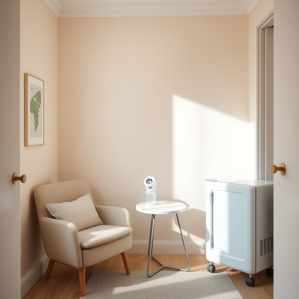 A bright, modern lactation room with a comfortable chair, a small table, a breast pump, and a mini‑fridge, natural light, soft pastel colors