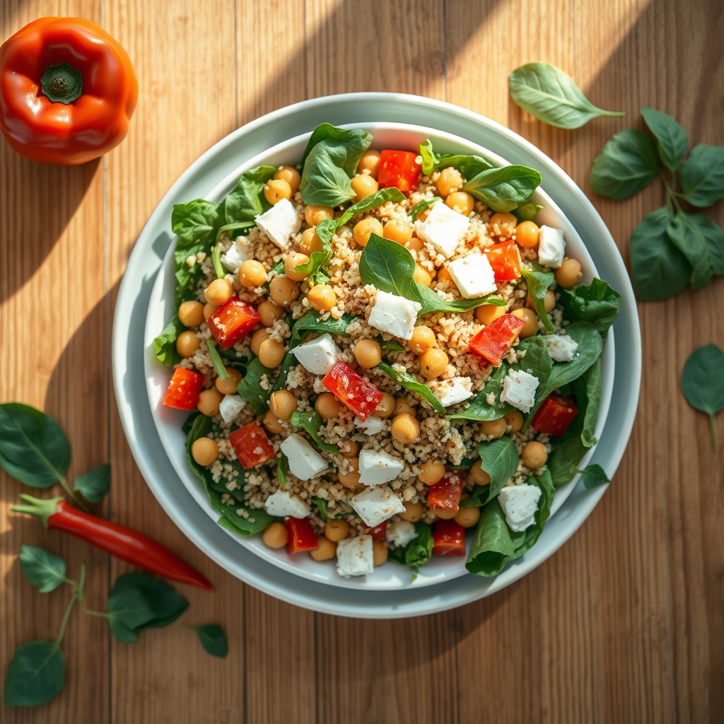 Colorful bowl of quinoa salad with chickpeas, spinach, red peppers, and feta cheese, bright kitchen lighting, photorealistic
