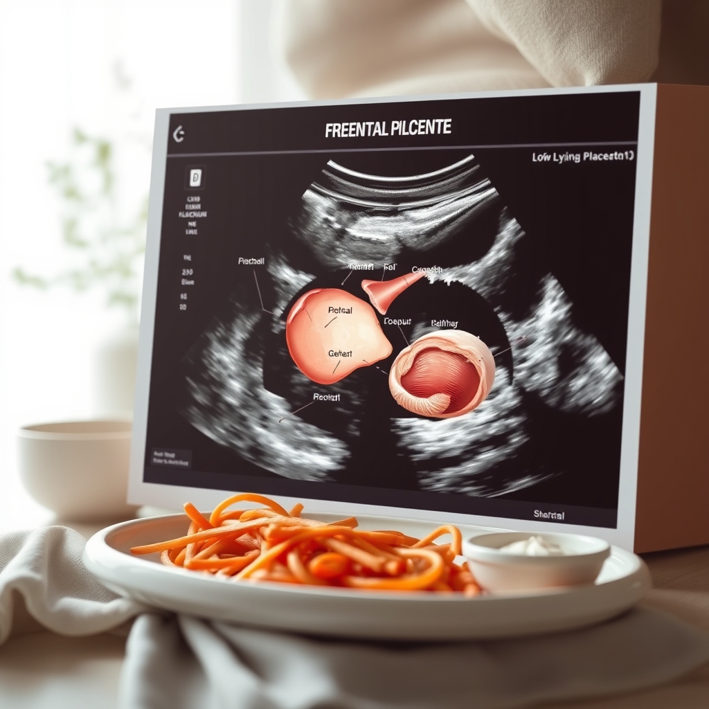 Illustration of a low‑lying placenta on an ultrasound, showing placenta near the cervical opening, clear labeling, medical diagram style