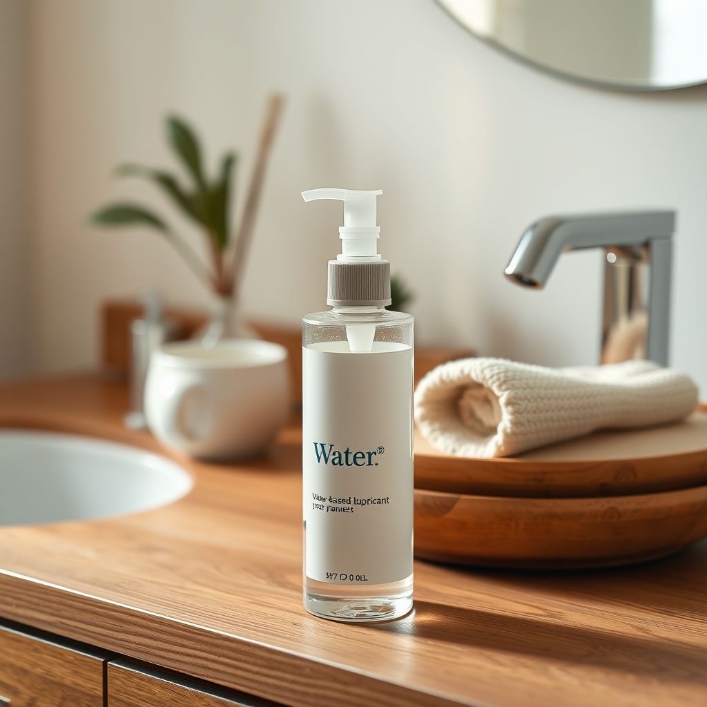 Close‑up of a pregnancy‑safe water‑based lubricant bottle on a wooden vanity, soft morning light, natural props