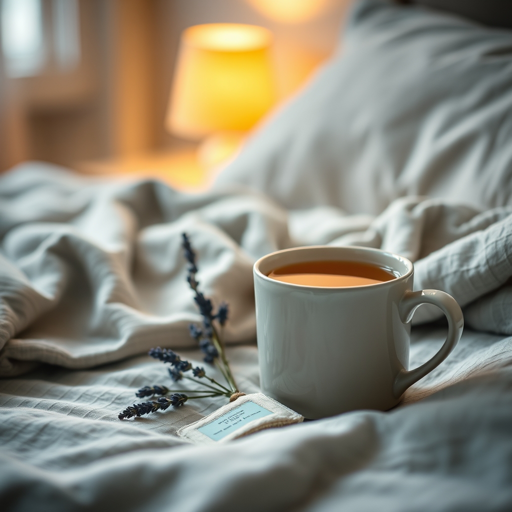 A serene bedroom nightstand with a steaming mug of chamomile tea, a lavender sachet, a soft blanket, and a dim bedside lamp, creating a calming sleep environment