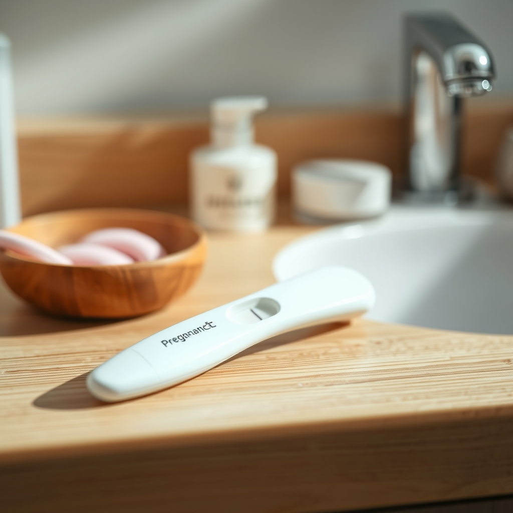 A close‑up of a home pregnancy test showing a faint test line next to a dark control line, placed on a wooden bathroom countertop beside a small glass of water