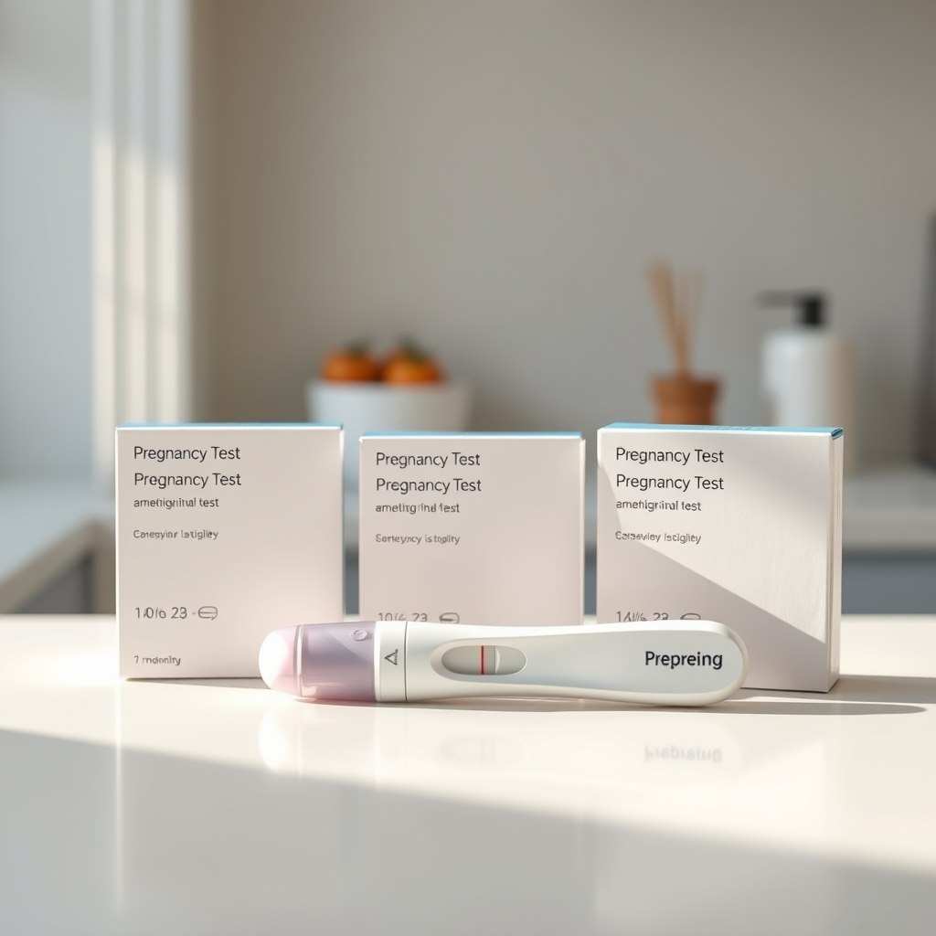 A collection of three home pregnancy test kits laid out on a light‑colored countertop, each labeled with its sensitivity level, photographed in soft morning light