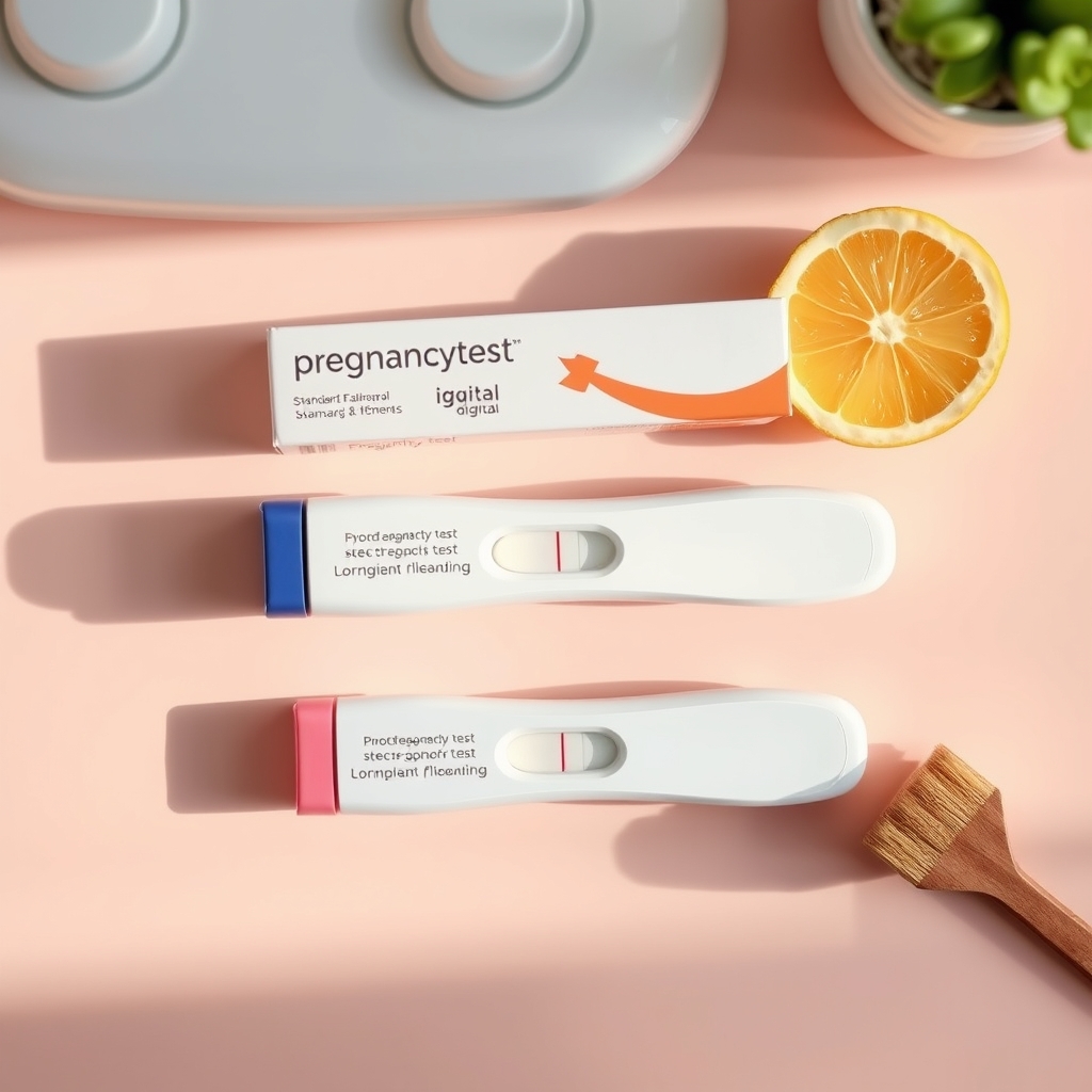 A stack of three pregnancy test kits—standard, digital, and weeks‑indicator—arranged on a pastel kitchen counter, bright natural light