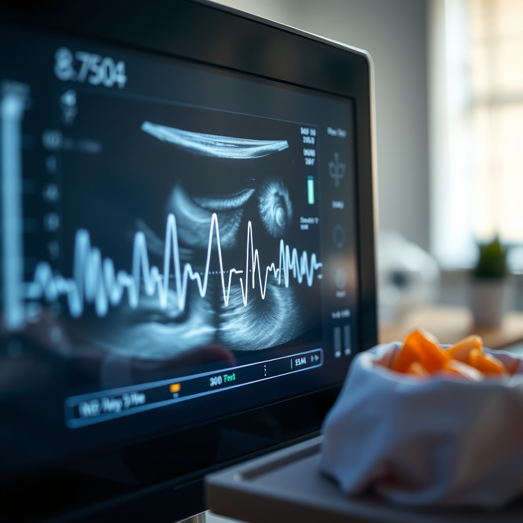 Ultrasound monitor showing a fetal heart rate waveform, close‑up view, soft lighting, clinical setting, photorealistic
