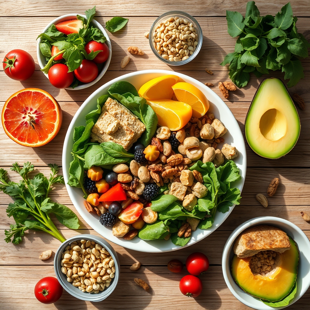 A variety of colorful, nutrient-dense foods arranged on a wooden table: fresh fruits, leafy greens, whole grains, and lean protein
