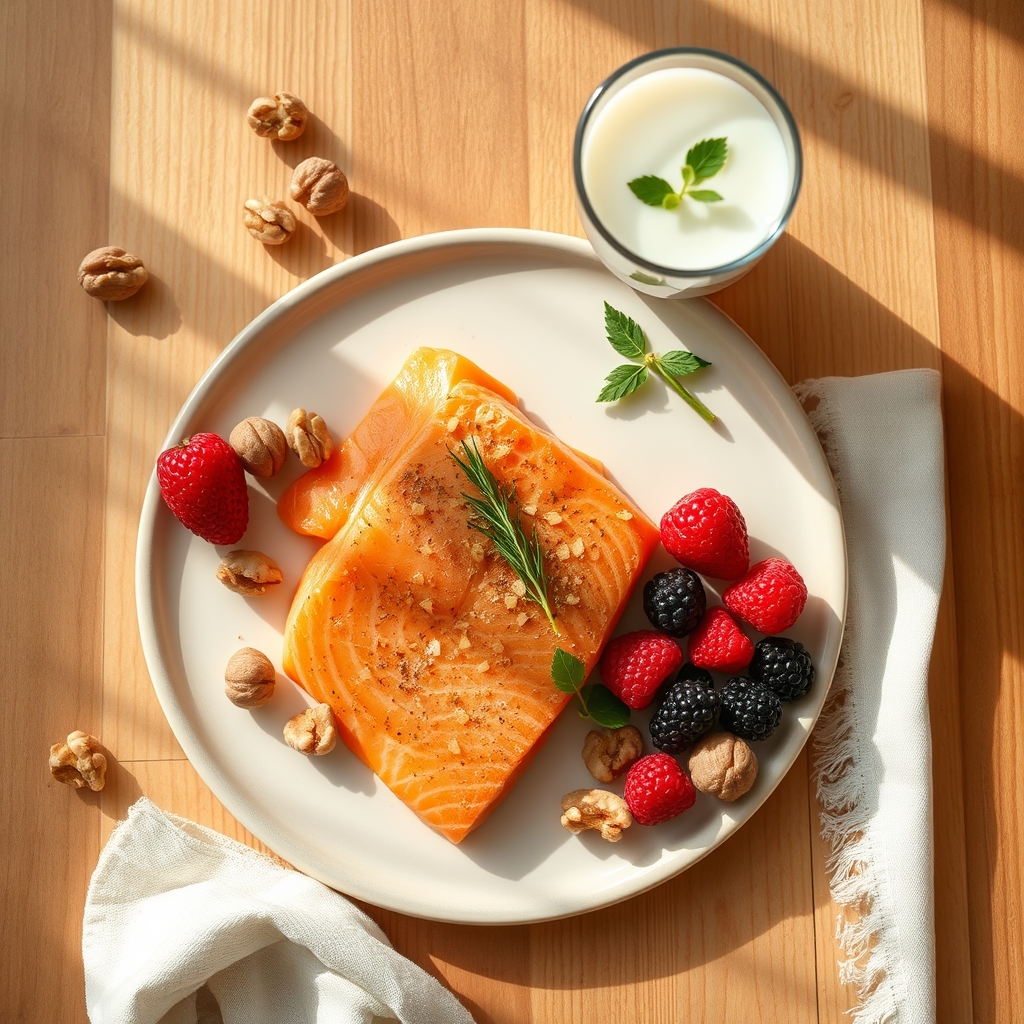 A bright kitchen counter displaying a bowl of fresh salmon, walnuts, mixed berries, and a glass of fortified almond milk, all arranged for a healthy pregnancy meal