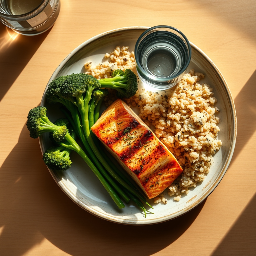A colorful plate of grilled salmon, quinoa, and steamed broccoli beside a glass of water, captured from a top‑down angle with natural daylight highlighting the food's freshness