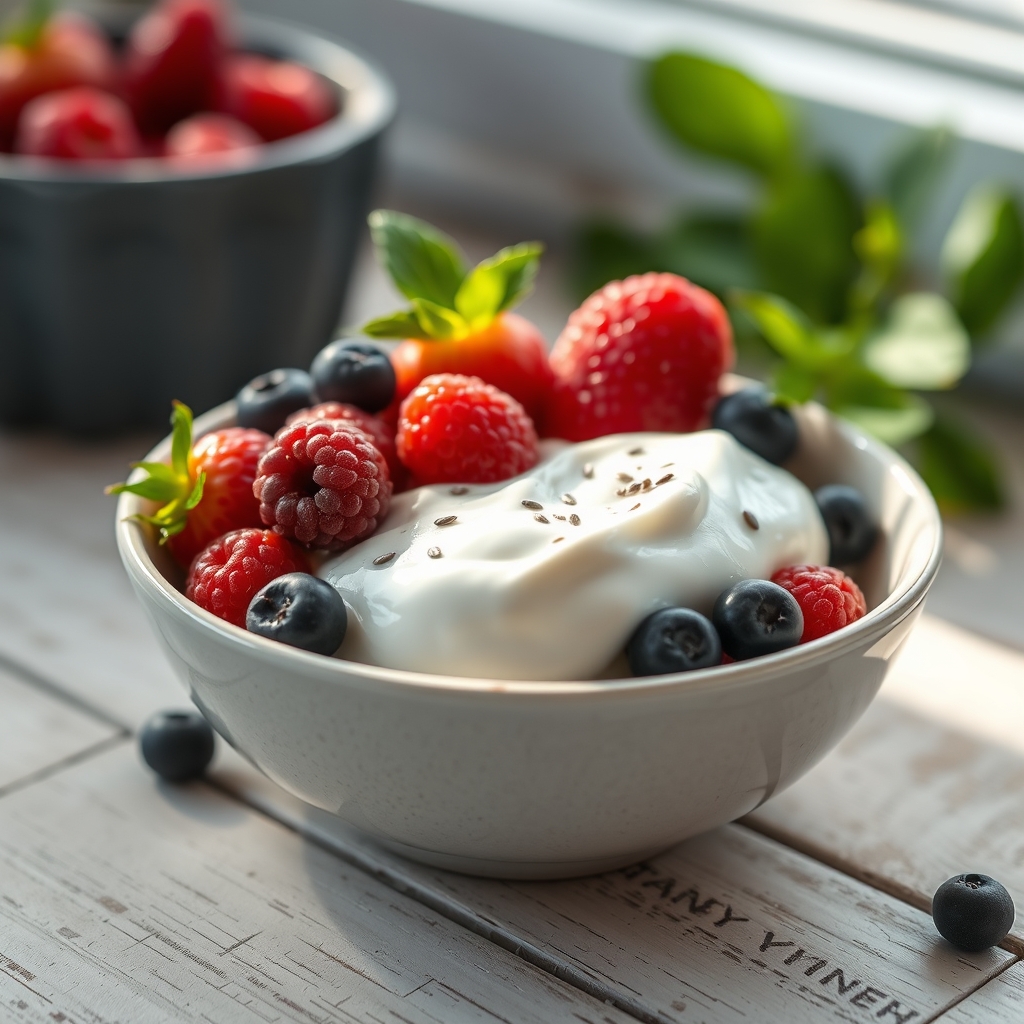 A bowl of mixed berries, Greek yogurt, and a sprinkle of chia seeds on a rustic wooden table, bright natural light highlighting colors