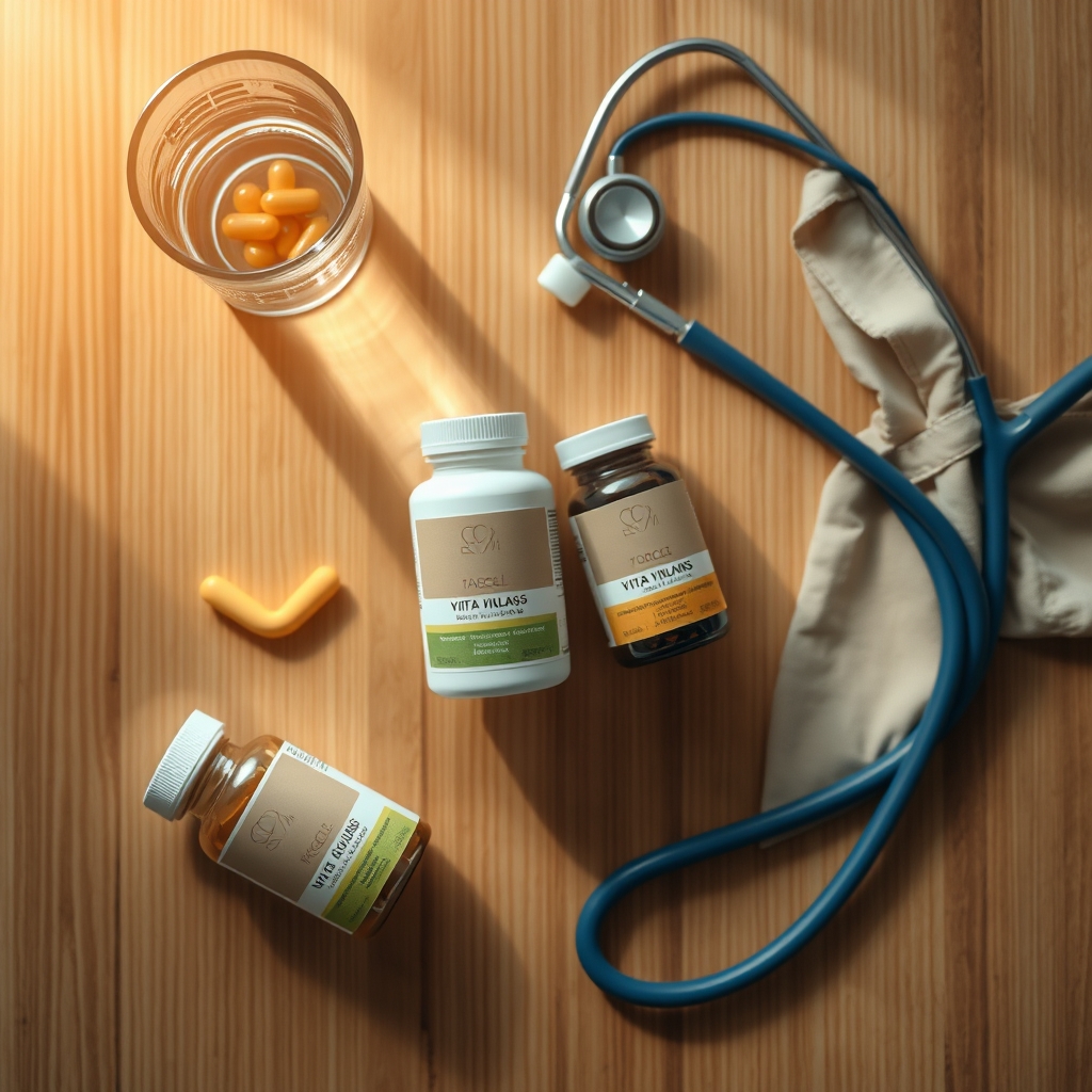 A collection of prenatal vitamin bottles, a glass of water, and a stethoscope on a light wooden surface, soft natural light highlighting the labels