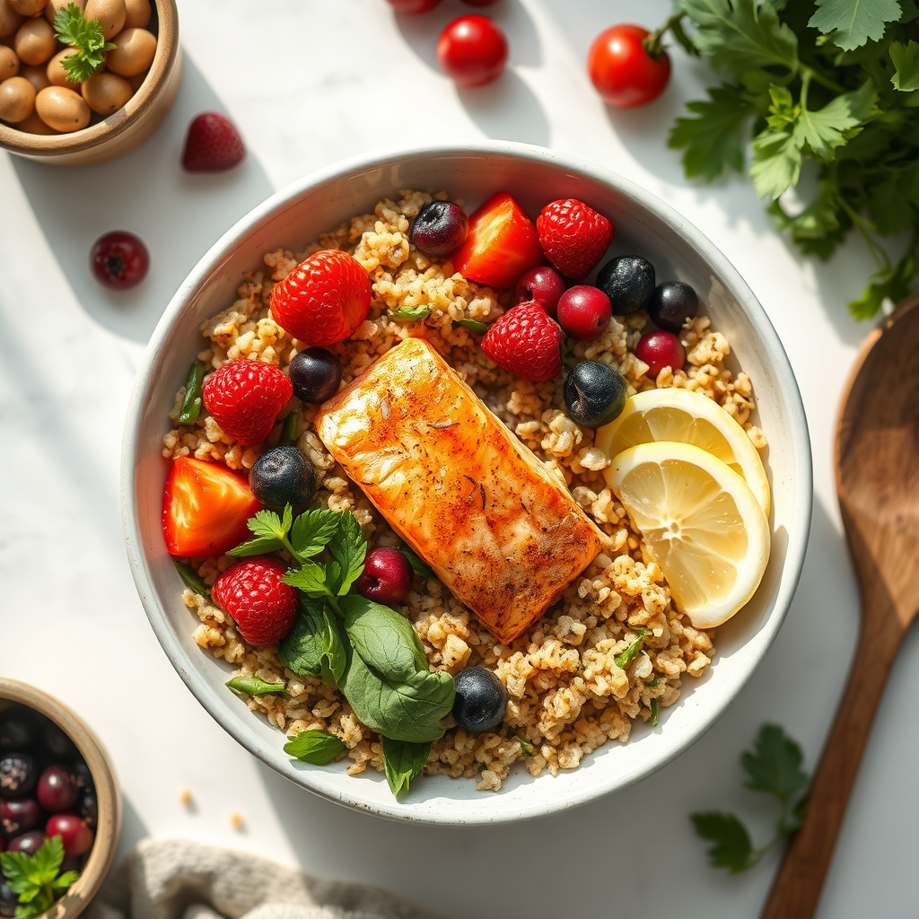 Colorful plate of salmon, quinoa, roasted vegetables, and a side of fresh berries, arranged on a rustic wooden board