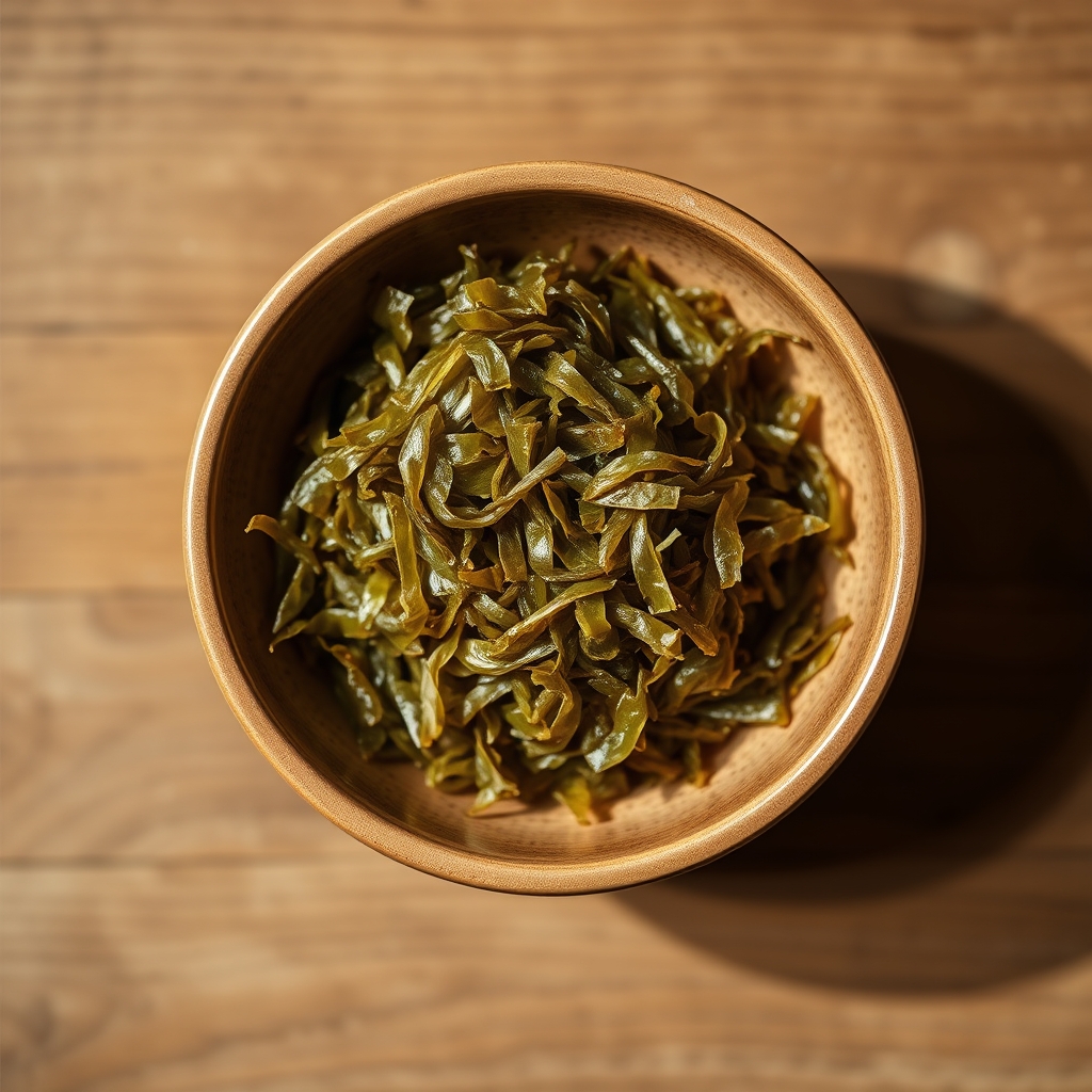 Close‑up of a small bowl of dried seaweed flakes on a wooden surface, soft natural light, elegant kitchen setting