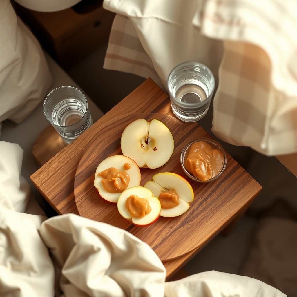 A balanced healthy snack of apple slices with almond butter and a glass of water on a bedside table, soft warm light, cozy bedroom