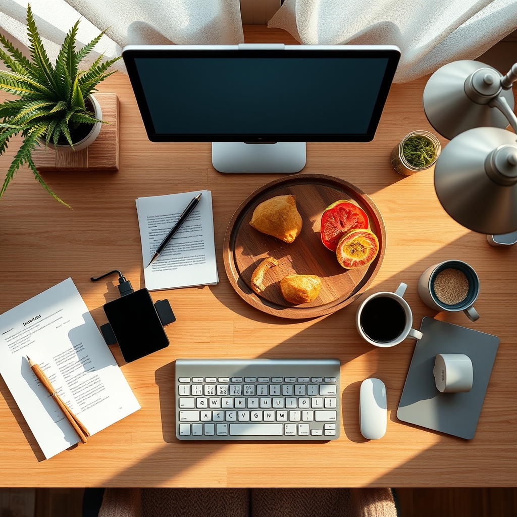 Home office with a laptop, notebook, and a cup of tea, soft afternoon light streaming through a window