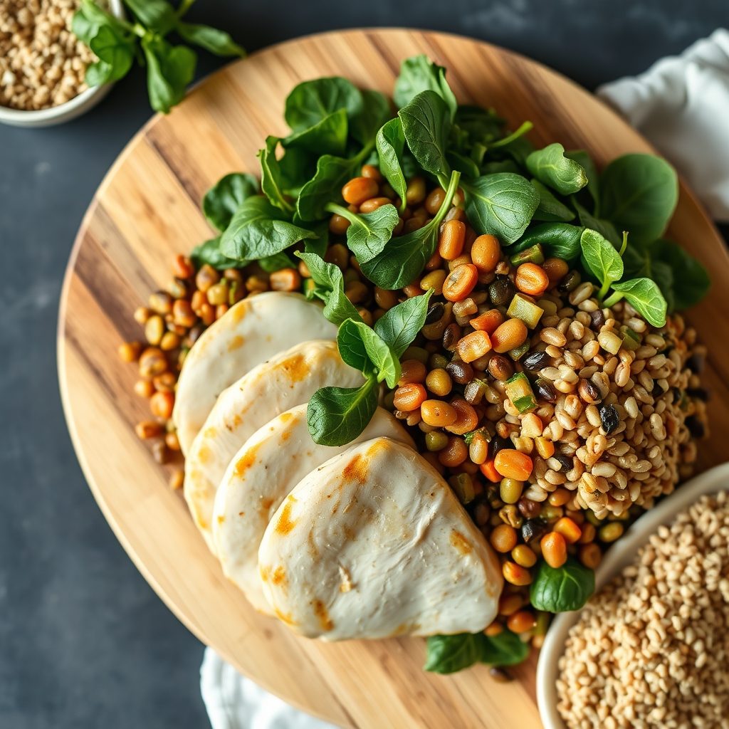 A vibrant and healthy meal featuring iron-rich foods like spinach, lentils, and lean meat, beautifully arranged on a rustic wooden table with bright natural light