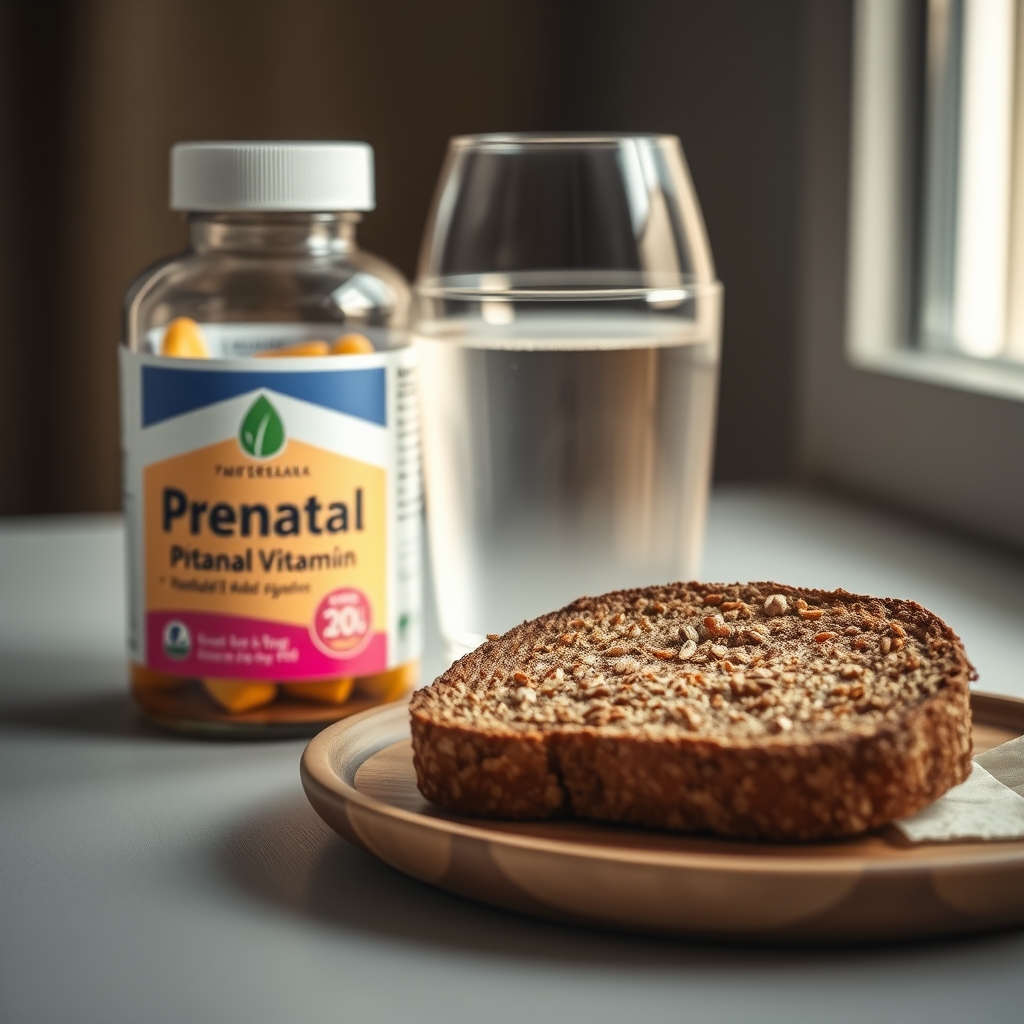 Close‑up of a bottle of prenatal vitamins beside a glass of water and a slice of whole‑grain toast, illustrating a gentle way to take supplements