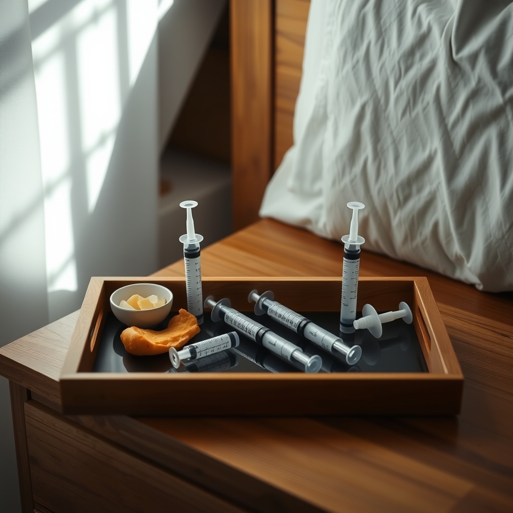 A bedside tray with syringes labeled betamethasone and dexamethasone, a glass of water, and a soft cloth, captured in natural morning light
