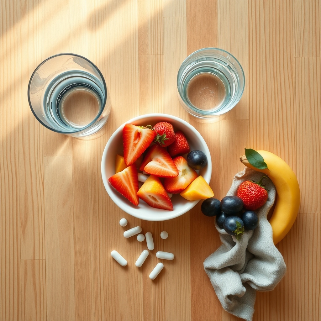 A warm kitchen counter with a glass of water, a bowl of fresh fruit, and a prenatal vitamin bottle, natural morning light, emphasizing healthy pregnancy nutrition
