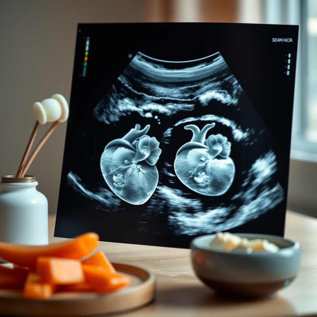 Twin ultrasound image showing two heartbeats, clear amniotic fluid, and a well‑positioned placenta, captured with a high‑resolution transducer