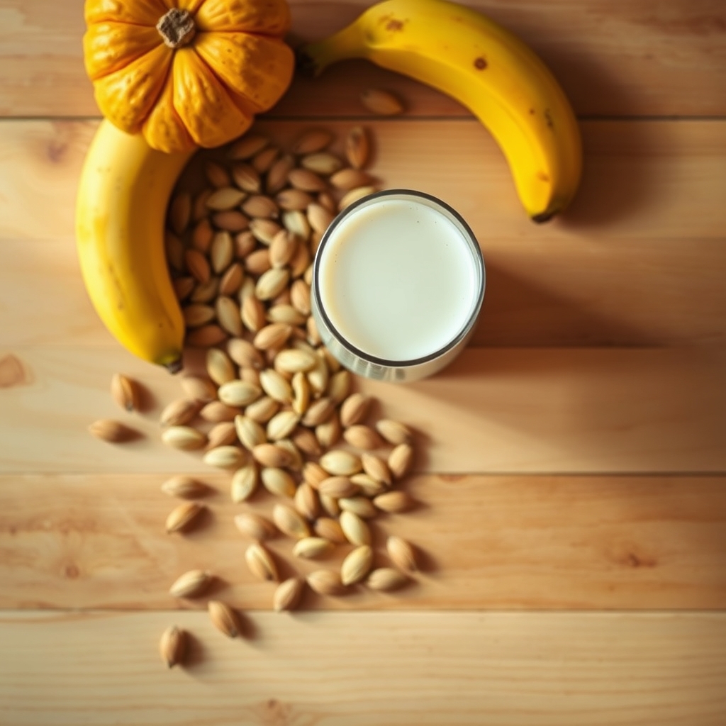 A bright kitchen countertop with a bowl of pumpkin seeds, a banana, and a glass of almond milk, illustrating progesterone‑supporting foods