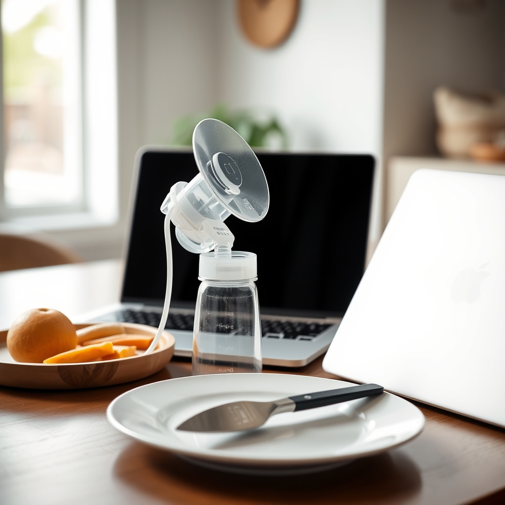 Breast pump with laptop and water bottle