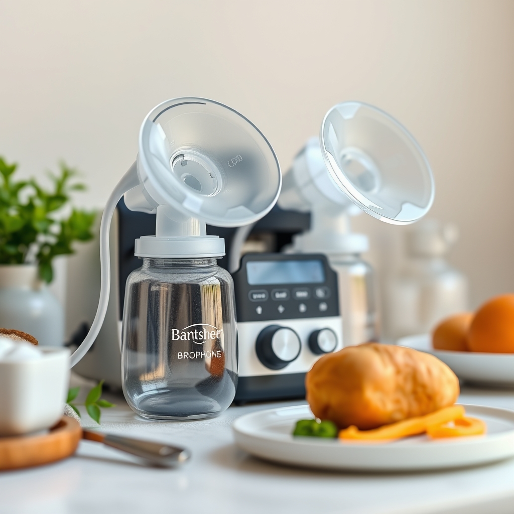 Close‑up of a double‑electric breast pump console with adjustable suction settings, displayed on a clean white countertop