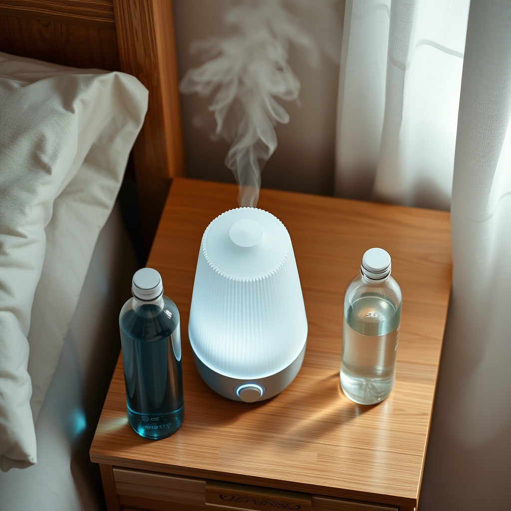 A humidifier on a bedside table beside a glass of water, soft lighting in a cozy bedroom