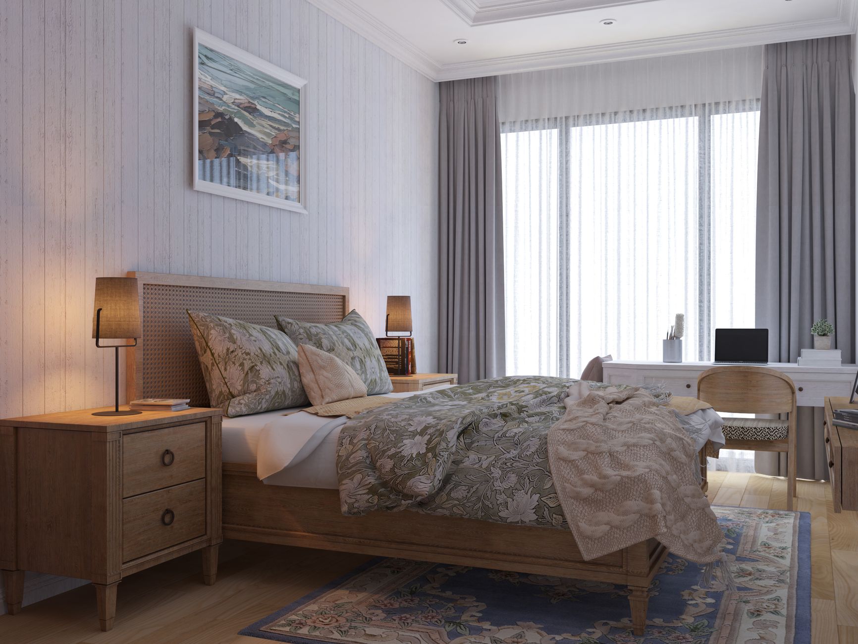A calm bedroom scene with a pregnant woman holding a printed lab report, a cup of tea, and a soft lamp, evoking a peaceful moment of reflection
