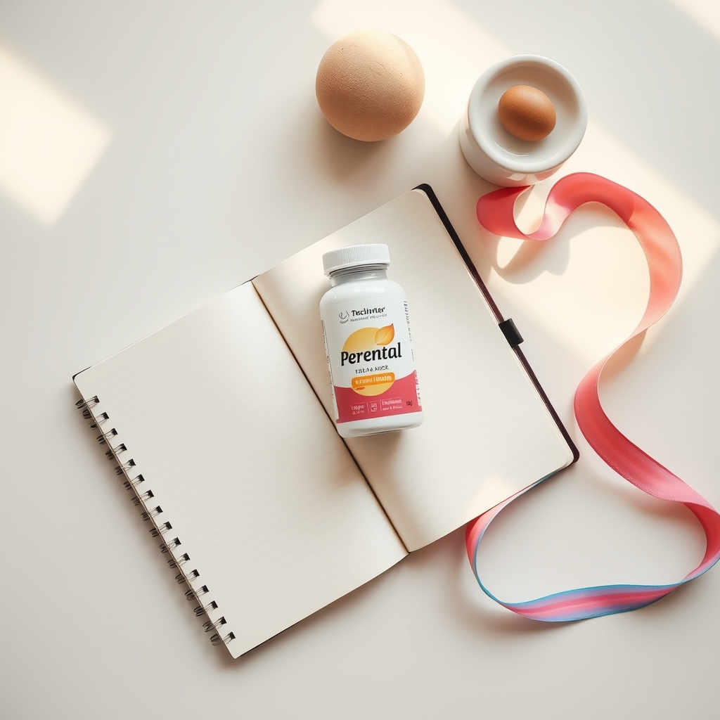 Cozy kitchen table with a notebook, prenatal vitamin bottle, and a pastel rainbow ribbon, warm natural light