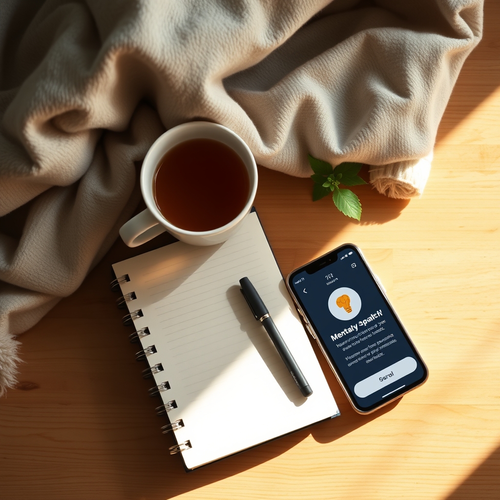 A collage of supportive items: a calming tea cup, a journal, a phone with a mental‑health app open, and a soft blanket, representing resources for new mothers