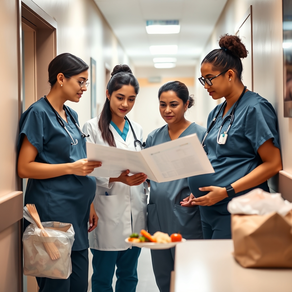 A medical team huddle: a doctor, midwife, and nurse discussing a patient chart with serious but collaborative expressions