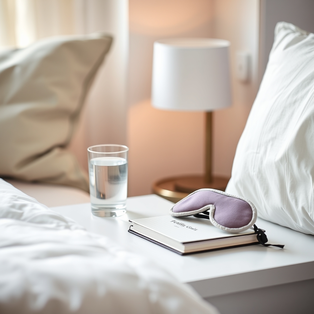 A calm bedroom scene with a sleep mask on a nightstand, a glass of water, and a journal titled 'Fertility Goals', soft morning light filtering through curtains